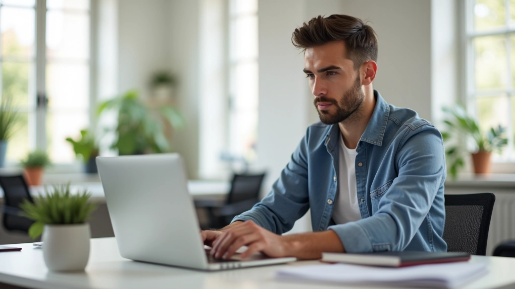 Entrepreneur français travaillant sur son projet de revenus automatisés, bureau moderne avec plusieurs écrans affichant des outils d'automatisation