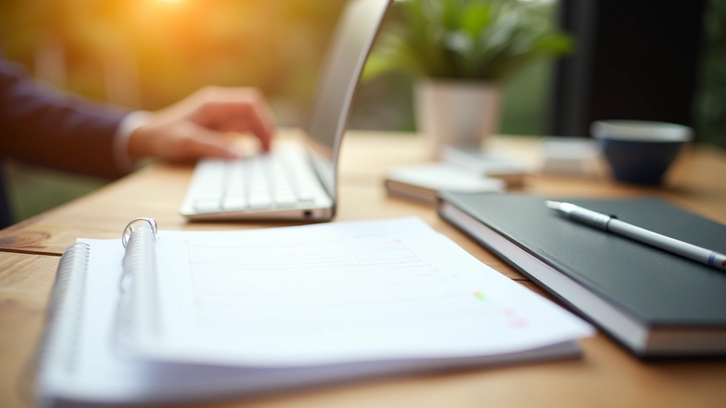 Espace de travail organisé avec documents de stratégie numérique et outils de planification