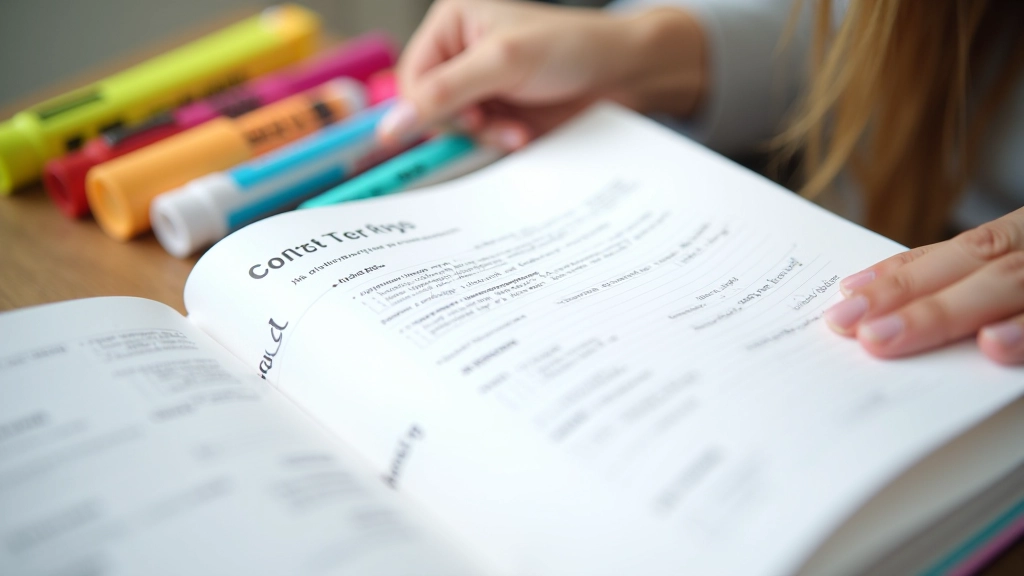 Carnet de planification avec liste de sujets pour 30 jours de contenu, surligneurs et stylos sur bureau créatif