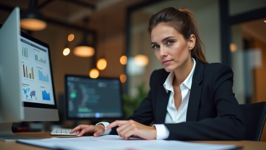 Femme assise à un bureau, analyser des données sur un graphique avec concentration